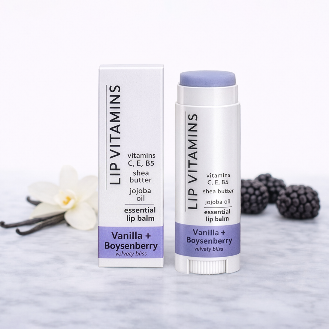 Lip Vitamins Essential Lip Balm – Vanilla + Boysenberry – Velvety Bliss