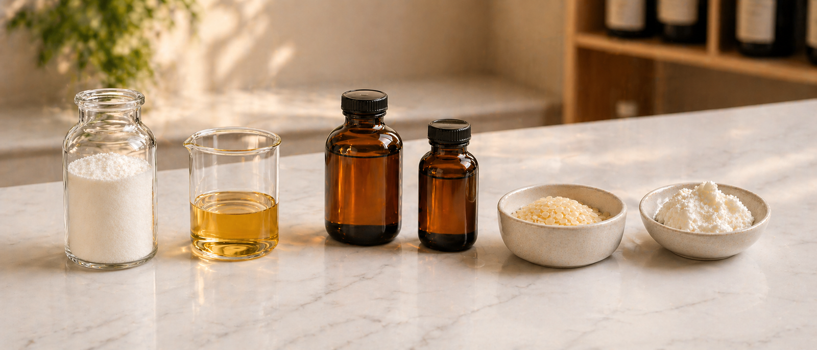 DermaForge Lip Vitamins raw ingredients on a stone counter