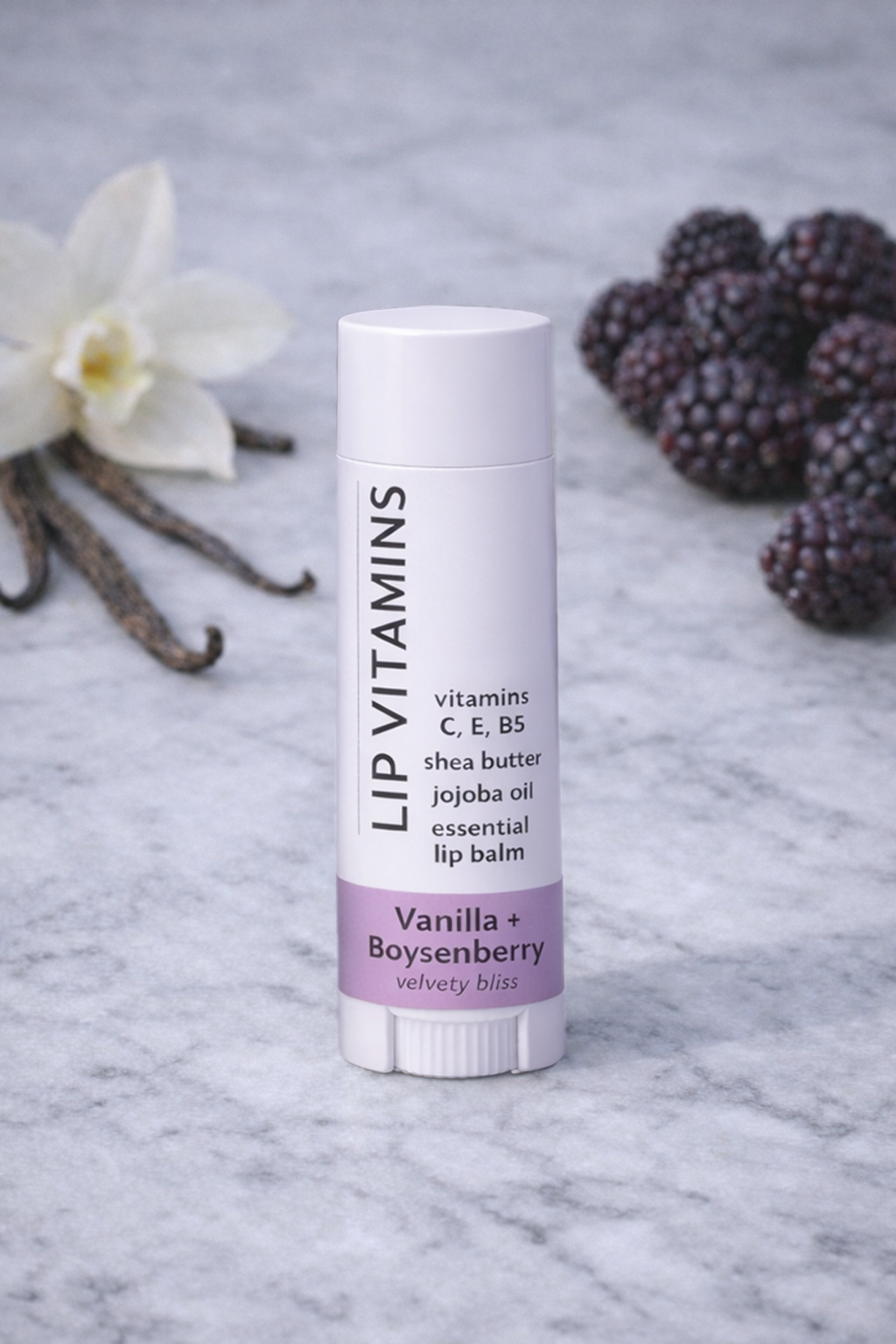 Lip Vitamins Essential Lip Balm – Vanilla + Boysenberry – Velvety Bliss
